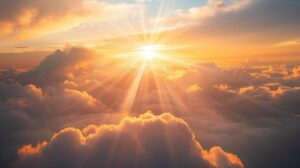 heavenly dawn breathtaking sunrise sky with dramatic rays of golden light piercing through layered clouds creating a celestial spectacle above misty landscape