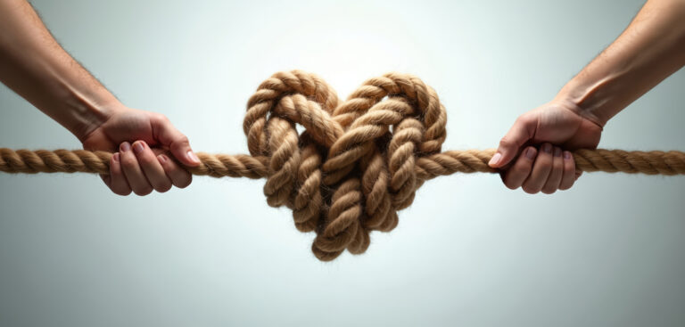Two hands pull a thick rope forming a heart shape. This represent the war from within.